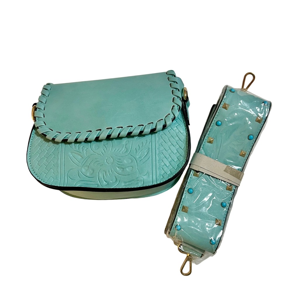 Kiss Me Couture Turquoise Embossed Shoulder Bag Studded Strap Boho‎ Crossbody